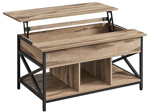 VASAGLE Table Basse, Table de Salon avec Plateau Relevable, avec Rangement Ouvert et Compartiment Caché, Barres en Forme de X, 60 x 100 x (48-62) cm, Marron Camel et Noir LCT205K50
