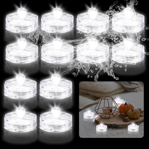 Editbar Flammenlose LED Kerzen Teelichter,12 Stück Mini Unterwasser Licht mit Batteries, Wasserdicht LED Teichbeleuchtung Dekolichter für Teich, Party, Hochzeit, Garten & Festival(Kaltes Weißes Licht)