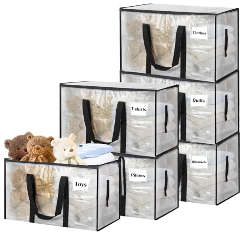 Withosent 100L Grande Bolsa de Almacenamiento, 6 Piezas Impermeable Bolsas de Mudanza con Cremallera y Asa, Bolsas para Guardar Ropa Edredones, Alternativa a las Cajas de Mudanza, Transparente