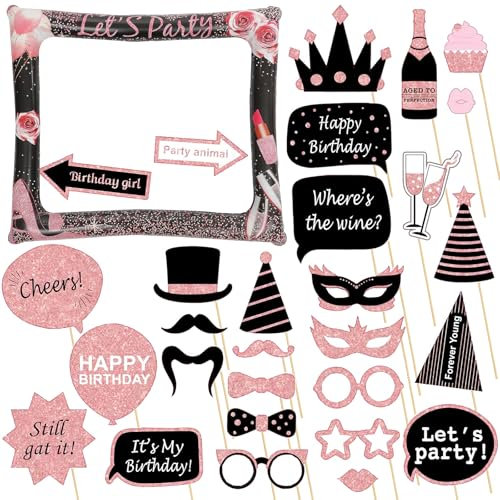 Birthday Inflatable Selfie Frame Photo Booth With 30Pcs Props - Black Rose Gold Blow Up Picture Frame Kit for Girls Women Her Party Decorations
