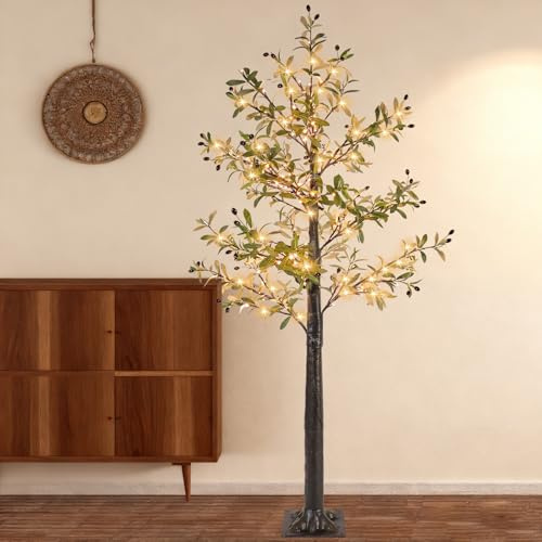 Lighted Olive Tree, 160 LED Warm White Lights, 6FT Artificial Plant with Olive Fruits, Easy Assembly for Christmas Party Home Office Wedding Indoor Spring Tree Outdoor Decorations
