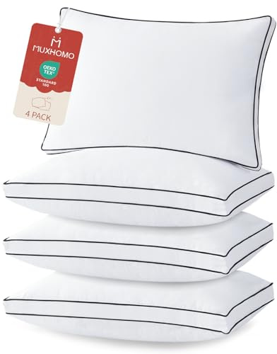 MUXHOMO Bed Pillows Queen Size Set of 4, Gusseted Sleeping Pillows for Side, Back, and Stomach Sleepers, Hotel Quality, Oeko-Tex Certified Fluffy Supportive Down Alternative Filling, White, 4 Pack