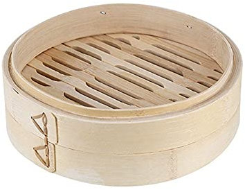 Vaporera de bambú, cesta de vapor antiquemaduras con asa/tapa, cocina saludable para verduras, albóndigas de suma tenue, bollos, pescado, carne (14.5-vapor)