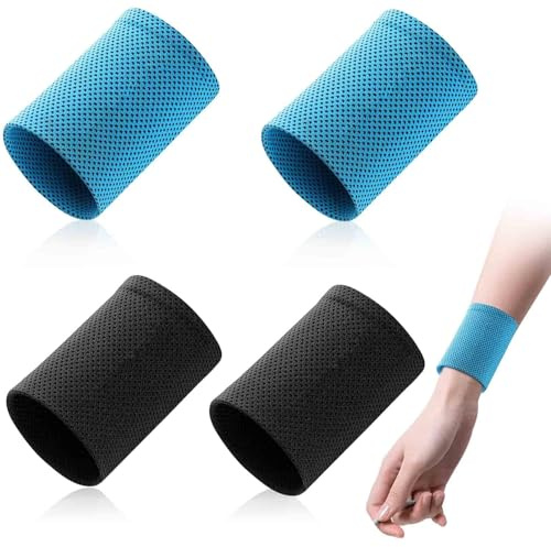 Set di 4 braccialetti per il sudore, taglia M, in seta ghiacciata, riutilizzabili, per lo sport, rinfrescanti, traspiranti, per uomini e donne, corsa, palestra, tennis, basket (blu, nero)