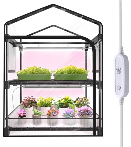 SpeePlant Mini invernadero interior con luz de crecimiento, invernadero portátil de 2 niveles para exteriores con estantes, cubierta de PVC impermeable y 2 luces de crecimiento regulables de 1.6 pies