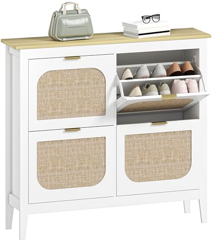 HOMCOM Zapatero Estrecho con 4 Puertas de Ratán 105x24x95,5 cm Blanco