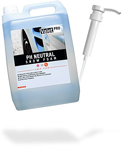 ValetPRO ph Neutral Snow Foam 5L + Distributeur Detailmate 30 ml par Course - Pompe Manuelle pour Bidon - Dosage Très Facile de la Mousse/Neige au pH Neutre Avec le Distributeur detailmate.
