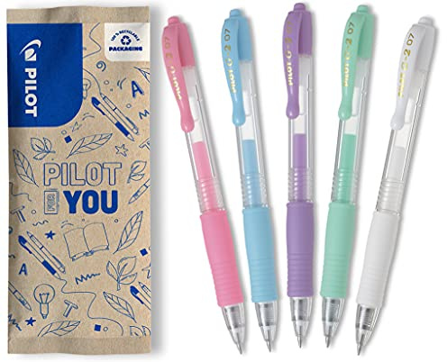 PILOT - Lot de 5 G2 - Stylos Roller Encre gel Rétractables et Rechargeables - Encre Effet Pastel - Rose, Bleu, Violet, Vert, Blanc - Pointe Moyenne