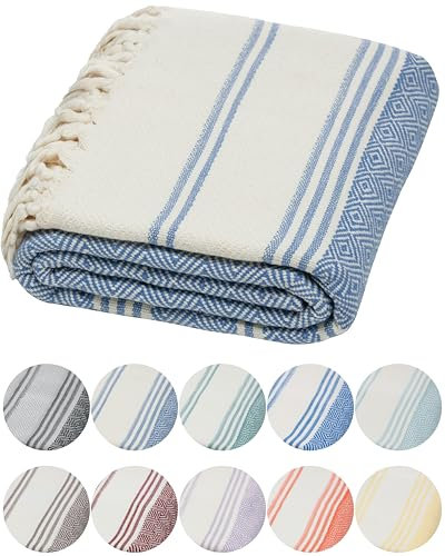 DEMMEX Organic Turkish Cotton Beach Bath Hammam Towel – Quick-Dry, Lightweight, Sand-Free Beach Towel & Blanket – Luxury Bathroom & Hammam Towel Peshtemal, OEKO-TEX Certified, 180x90cm, Denim Blue