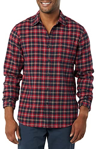 Amazon Essentials Chemise en flanelle à manches longues pour homme, motif écossais boutonné coupe ajustée, motif écossais rouge foncé, taille M