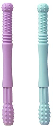 2 Pezzi di Tubi per la Dentizione del Bambino Morbido Sensoriale da Masticare per Denti da Latte in Silicone Giocattolo Molare da Mordere con 1 Spazzolino，Massaggia Gengive per Neonati（viola+blu）