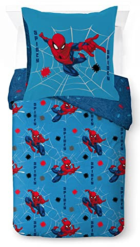 Jay Franco Marvel Spiderman Spidey Faces 100% Cotton Children's Bed Linen Set 135 x 200 cm Single Bed Size - Duvet Cover + Pillowcase 80 x 80 cm,Blue - Spiderman