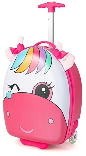 GYMAX Kids Luggage, 16'' Children Hand Trolley Case with LED Wheels, Boys Girls Carry On Suitcase for Travel School (Pink), 33 x 23 x 46 cm (L x W x H)