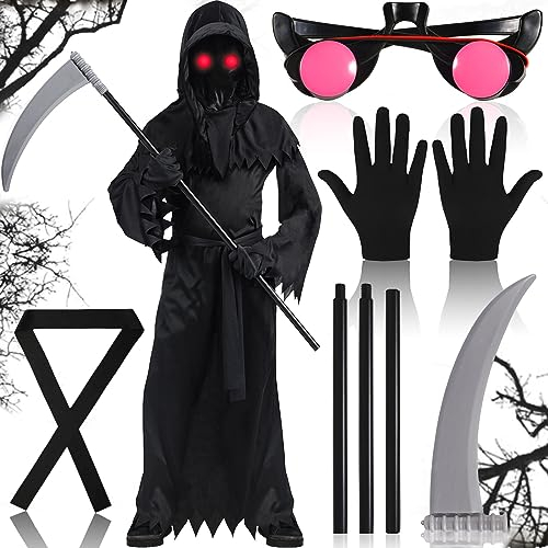 Frasheng Costume de Faucheur aux Yeux Brillants Unisexe Enfants,Grim Reaper Costume jeu de rôle,Ensemble de costumes de faucheuse d'Halloween,avec Faucille,pour Halloween Cosplay,Carnaval Noir
