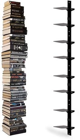 Defined Deco - Estantería flotante negra invisible para pared, estantería flotante de 8 niveles, torre de libros de columna vertebral vertical, organizadores de libros de metal resistente para el