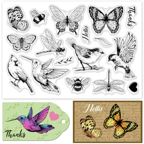 INFUNLY Vintage Bird Clear Stamps Butterfly Insect Rubber Stamp for Card Making 4.3x6.3 Hello Thanks Transparent Greeting Stamps Dragonfly Bee Silicone Stamp for Scrapbooking Photo Album Decor
