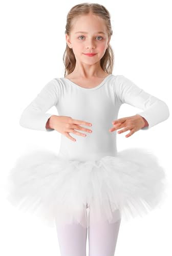 Bezioner Kinder Ballettkleidung Tütü Ballettkleid Mädchen Baumwolle Balletttrikot Lange Ärmel Ballettanzug Tanzbody mit Rock Weiß 120