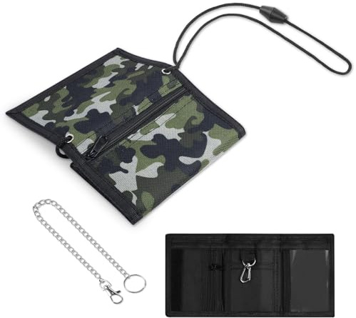 Aucuu Kids Wallet, Cartoon Waterproof Wallet, Trifold Wallets with Coin Pocket Zippered, with Card Slots Lanyard, with Chain, Travel Document Wallets for Teenagers Boys Girls(Camouflage)