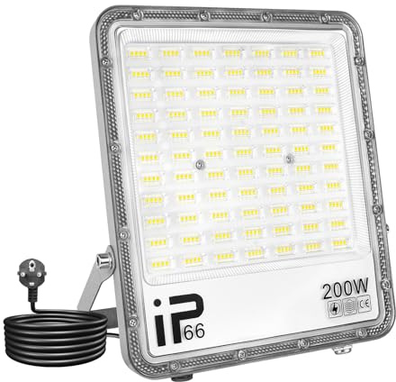 Willpower Outdoor LED Floodlights 200W 20000LM, LED Security Lights 6000K Cold White LED Work Light IP66 Waterproof for Garden Garage Yard Lawn Court Workshop Patio, 1.5 M Wire with UK Plug
