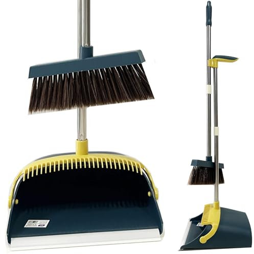 Gr8 Home Long Handled Folding Dustpan and Brush Set Heavy Duty Strong Metal Handle Foldable Lobby Dust Pan & Soft Bristles Broom Kitchen Bathroom Floor Sweeper