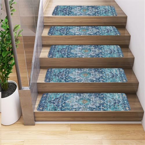 Surwin Tappeti per Scale Interne in Gomma Antiscivolo, Tappetini per Gradini in Legno, Stile Etnico Persiano Tappeto Pedate per Scale Rettangolare Lavabile Morbido e Comodo (10 Pezzi,Blu)