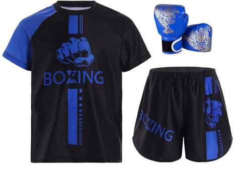 RUNQHUI Boxning outfit för barn pojke T-shirt + shorts + Muay Thai MMA kickboxing handskar, Färg: blå, 13-14 år