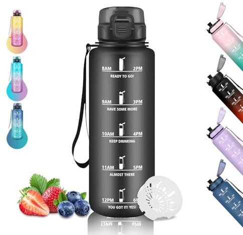 Gourde 1.5L, Gourde Sport Anti-Fuite, Gourde Filtrante pour Randonnée, Gourde Motivation avec Marqueur de Temps, Gourde Réutilisable, Facile à Nettoyer, Gourde pour Running, Fitness, Cámping, Noir
