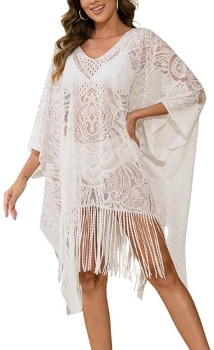 colornival Cubierta de Traje de Baño para Mujer para Playa y Piscina, Vestido de Encaje con Cuello en V, Cubierta de Bikini