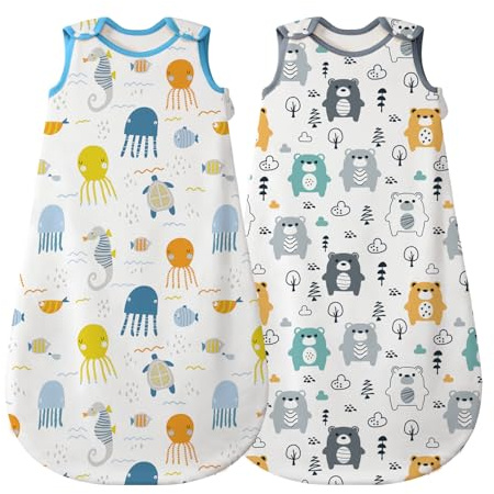 Mosebears Baby sovsäck sommar 2 pack söt djur tecknad tvättbar filt 0,5 tog för flickor och pojkar bärbar filt ärmlös sovsäck(Björn Maneter, M(6-12 månader))