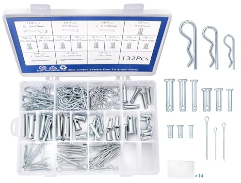 132PCS Clevis Pins, Standard Galvanized Steel 15 Sizes Clevis Pin Cotter Pin Hair Pin Assortment Kit Fit for Trailers, Tractors, Trucks, Towing Mowings, Farm Equipments, Snow Plows, Lawn Mower