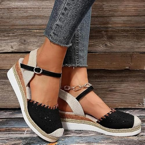 Closed Toe Sandals for Women,Wedge Espadrilles for Women,Low Heels Closed Toe Summer Adjustable Ankle Strap Shoes,Ankle Strap Slide Slingback Slider Wide Fit Sandal Comfortable Walking Shoe