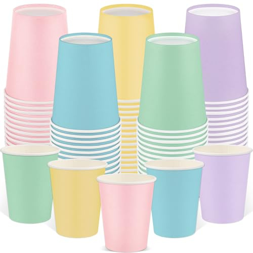 NatNarr 100 Pack Pastel Paper Cups, 9oz Pastel Party Cups Rainbow Paper Cup, Disposable Colored Cups Bulk for Kids Birthday Holiday Party Supplies, 5 Colors