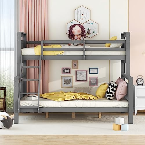 YuQozii Letto a castello con scala e ringhiera di sicurezza, trasformabile in 2 letti separati, letto in legno per bambini, ragazzi e adulti, 90 (140) x 200 cm, grigio