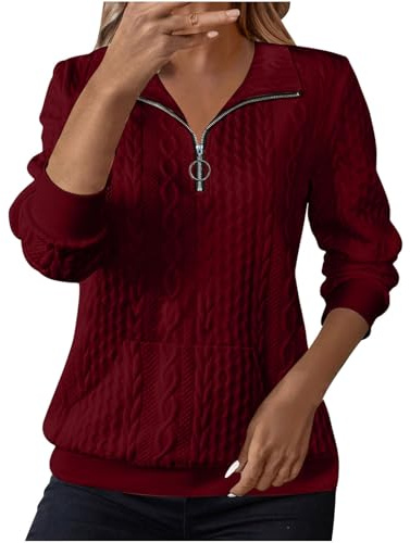 Sweatshirts for Women Cable Knit Jumpers Lapel Half Zip Pullover Ladies Thermal Sweatshirt Long Sleeve Tops Winter Autumn Sweaters Warm Tunics for Office Work Daily Going Out Wear Red