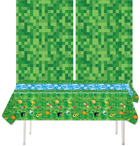 Kit de Décoration Fête d'anniversaire Pixelisée, Nappe Verte Thème Jeux Vidéo Rideaux Franges Métallisées Serpentins pour Garçons Filles Passionnés Jeux Vidéo Cadeaux Fête Thème Pixelisé