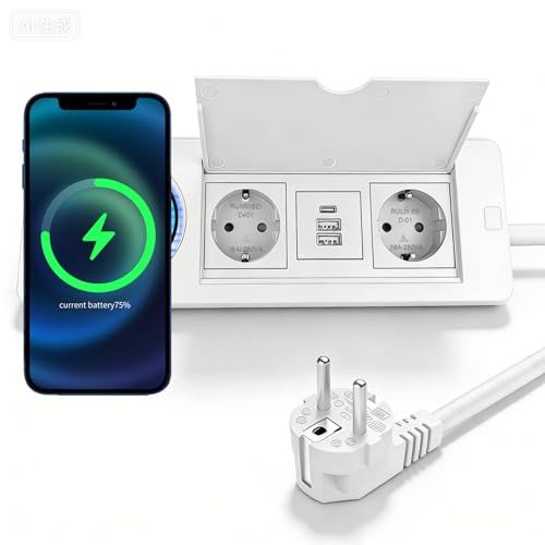 Sänkbart uttag USB C PD 20 W och 15 W trådlös laddning, installation grenuttag 2 fack bordsuttag inbyggt uttag bordsskiva för kontor skrivbord kök, vit 1,5 m kabel
