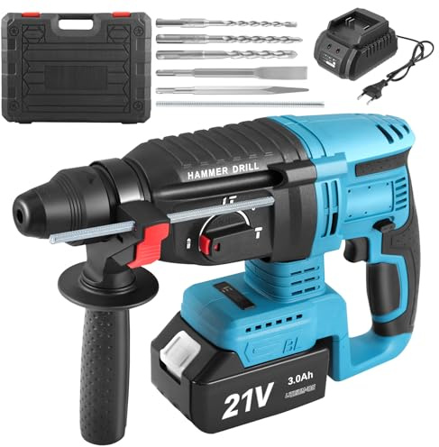 Akku Bohrhammer SDS-Plus 21V mit bürstenlosem Motor, 3000mAh Akku und Ladegerät, 4-in-1 Hammer Drill, Schlagbohrmaschine 26mm, 360° Drehgriff, 5 Bohrer inklusive, für Beton Stein Holz