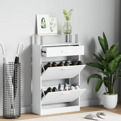 LoogCape Wooden Shoe Cabinet with Drawer and Top Glass Shelf, White, Narrow Cabinet with 2 Tippers, Shoe Rack Chest of Drawers for Hallway, Hallway, up to 12 Pairs, Space-saving