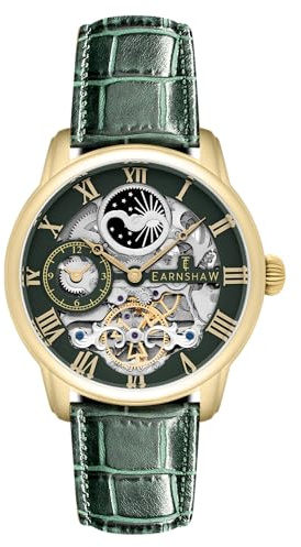 Thomas Earnshaw Herrklocka 44 mm longitud dubbel tid automatisk skelettklocka med 12 timmar dubbel tid, sol och måne display och dekorerad rotor, Vitt guld, ES-8006-09