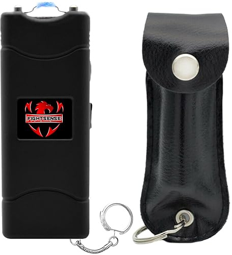 FIGHTSENSE Mini Stun Gun Keychain & Pepper Spray Combo Pack for Self Defense Kit - Extremely Powerful Stun Gun Flashlight for Women (Black)