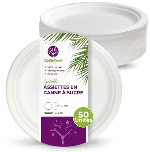 GoBeTree 50 Piatti Monouso Rotondi in Canna da Zucchero da 23 cm Bianchi. Piatti di Carta Usa e Getta Extra Resistenti, per Campeggio, Picnic, Feste, Barbecue, Compleanni.