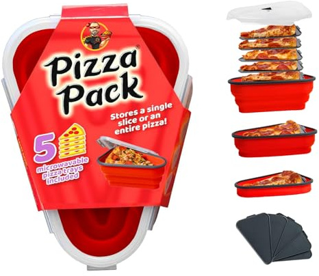 The Perfect Pizza Pack™ - Reusable Pizza Storage Container with 5 Microwavable Serving Trays - BPA-Free Adjustable Pizza Slice Container to Organize & Save Space, Red