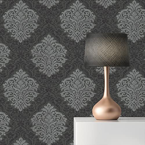 Carta da parati barocco Jacopo M1-No.2308 | Carta da parati in tessuto non tessuto | Argento | Nero | Ornamento| Classica | Carta da parati barocco