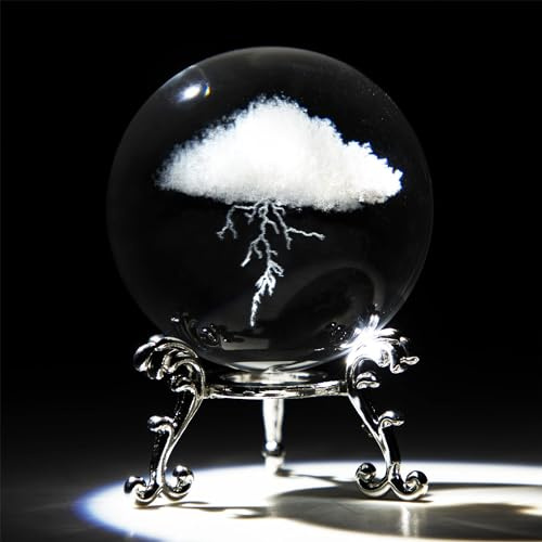 HDCRYSTALGIFTS 60mm 3D Clouds Crystal Ball Figurine Gifts for Women Men Glass Laser Engraved Clouds lightning Crystal Ball with Stand Paperweights Glass Ball Ornaments Decorations Gifts for Lovers