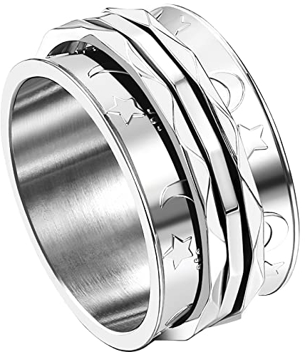 JewelryWe Schmuck Fidget Angst Ring Damen Retro Mond Sterne Edelstahl Drehbarer Anti Stress Band Bandring mit Gravur, Silber Größe 65