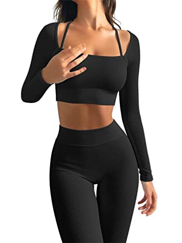 Conjunto de yoga para mujer 2 piezas Pantalones de yoga acanalados Conjunto de fitness Top recortado+Leggings de cintura alta Conjunto de fitness acanalado Conjunto de fitness ajustado para mujer