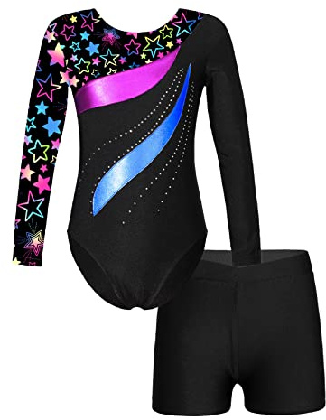 Choomo Barn gymnastikdräkt gymnastiktröja ärmlös klassisk gymnastikdräkt långärmad body med shorts för flickor, balett, danskläder