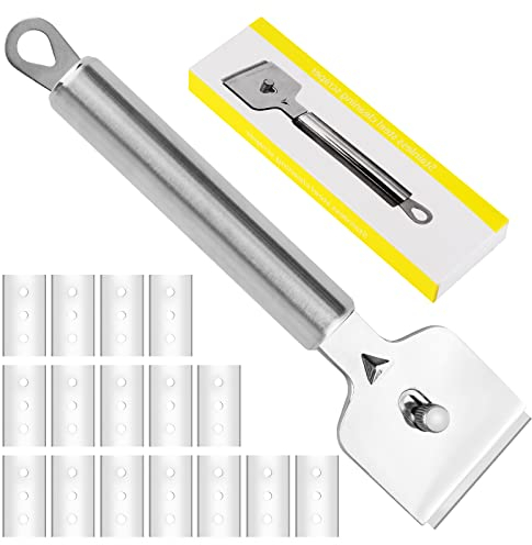DASHUAIGE Hochwertiger Glasschaber inkl. 16 Ersatzklingen für Ceranfeld und Glaskeramik, Edelstahl Reinigungsschaber mit ergonomischem Griff
