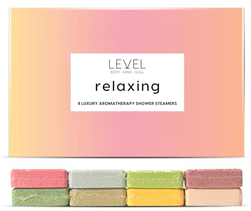 Level Body Mind Soul - Aromatherapy Shower Steamers - Relaxing, 8 Pack - Birthday Gifts for Women - Shower Bombs with Multiple Fragrances - Self Care Relaxation, Body Restore