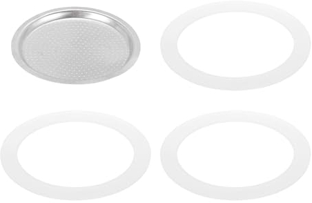 sourcing map Stovetop Espresso Maker Replacement Aluminium Coffee Pot Parts with 1pcs Filter 74x64x5mm and 3pcs Silicone Gasket Seals 81x63x2.5mm for 9-Cup Mocha Coffee Maker Pot(Silver)